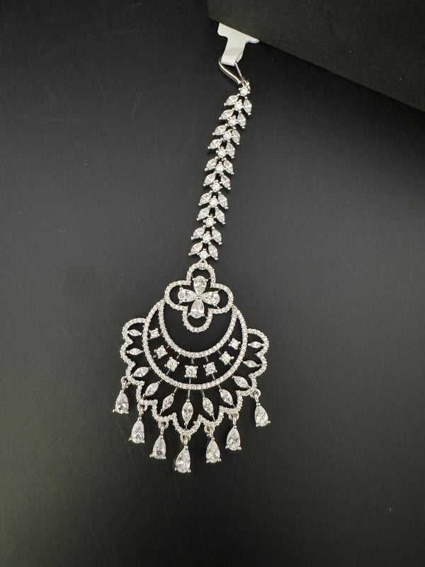 Silver Cubic Zirconia/Diamond Tikka, Indian Maang Tikka, Headpiece, Bridal jewelry