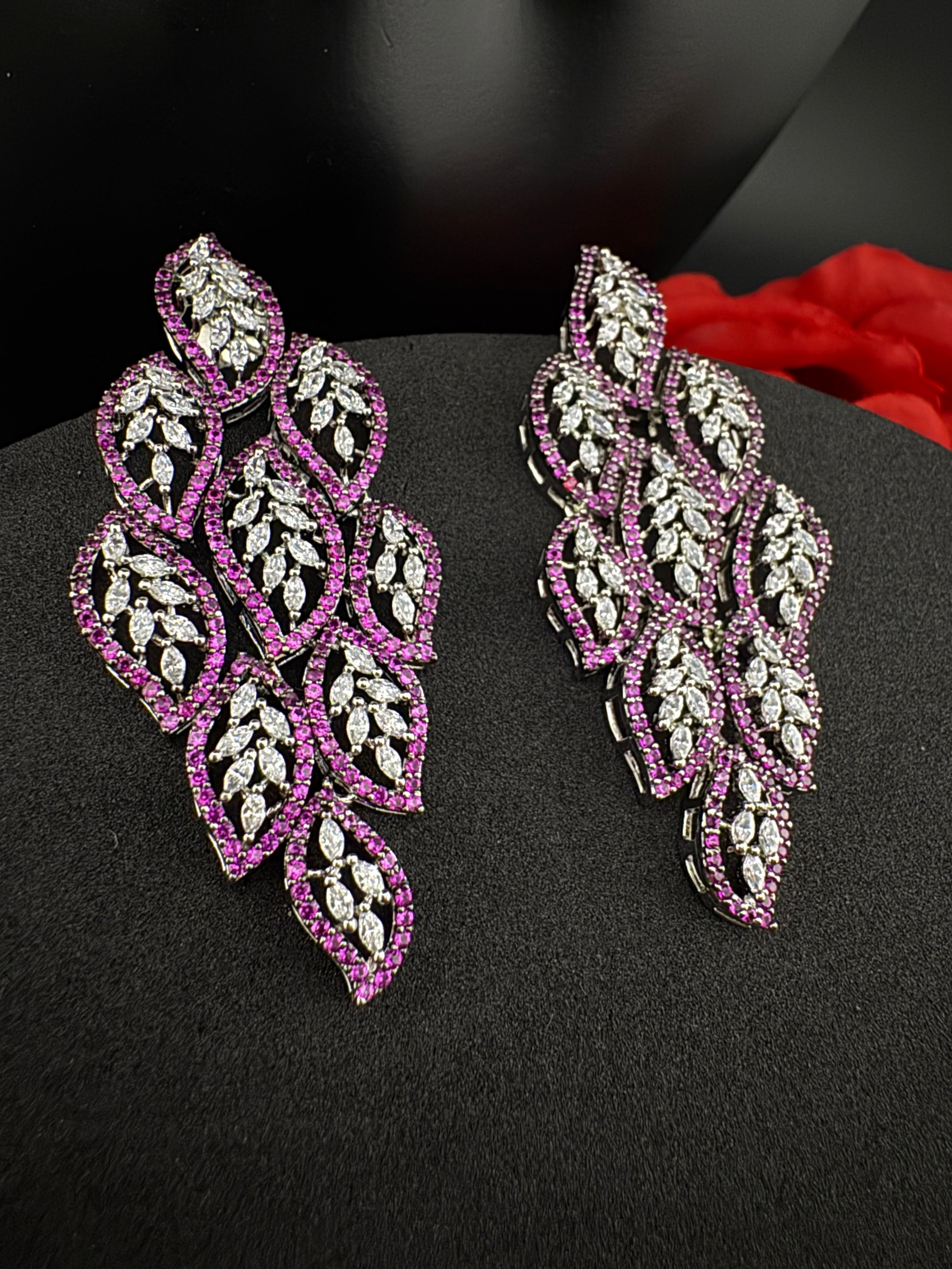 Premium Nano Setting Cubic Zirconia Long Chandelier earrings in leaf shape, stylish, designer Statement long earring/Bridal Bridesmaid