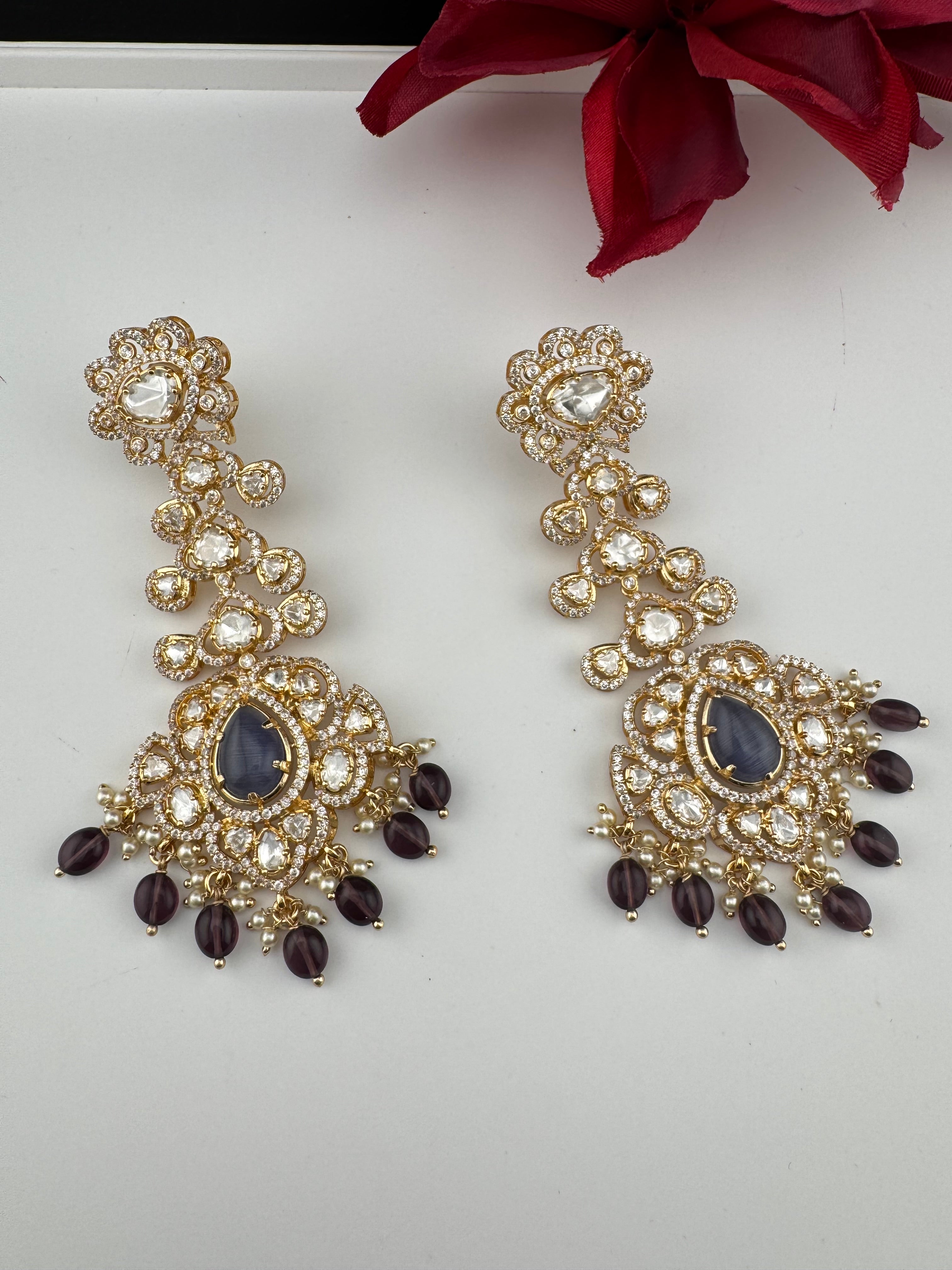 White and Gold Kundan, Pearls Chandelier Long Earrings, Bridal, Moissanite, CZ, Designer jewelry