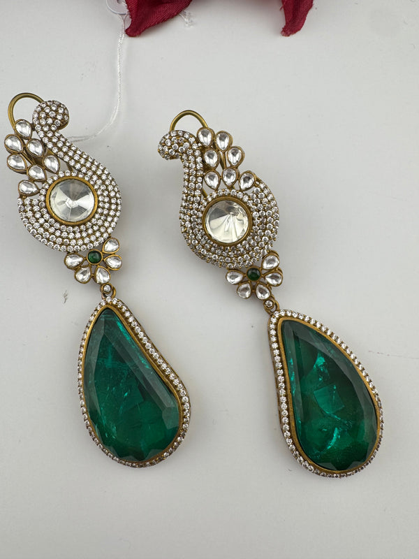Kundan, CZ, Gold, Doublet Stone Chandelier Long Earrings, Bridal, Moissanite, CZ, Peacock Designer jewelry