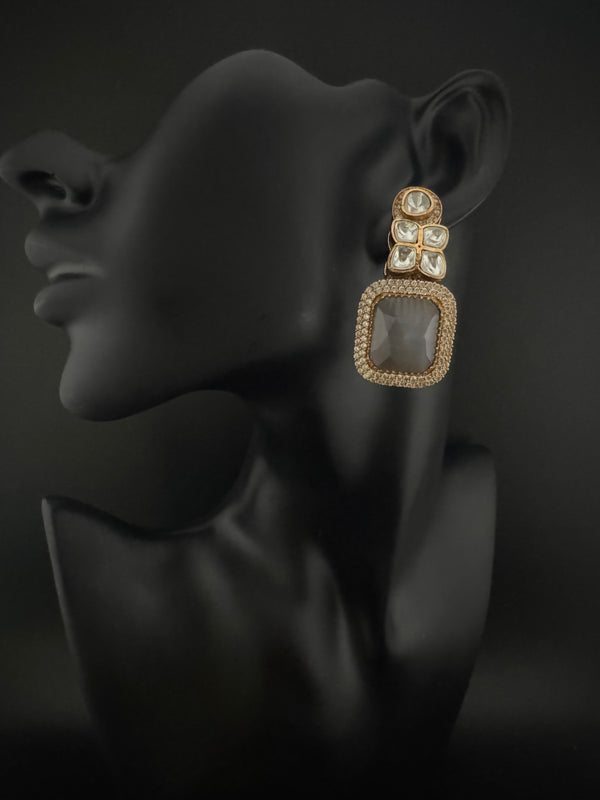 Gray and Gold Kundan, Stone Chandelier Drop Earrings, Bridal, Moissanite, CZ, Designer jewelry