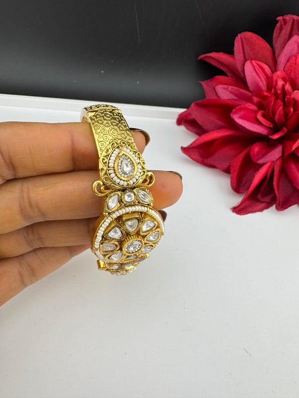 Moissanite Kundan, Pearl, CZ Designer Bracelet Bangle, Matt Gold Polish (Fits upto 2.6" Wrist)