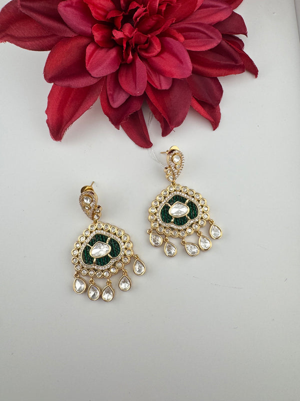 Gold and small pearls, Kundan, Cubic Zirconia Chandelier Chandbali Earrings, CZ, Designer jewelry