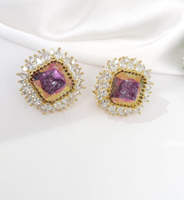 Gold Polish Crystal Stone Stud Earrings, Cubic Zirconia, AD, CZ, Indian Jewelry