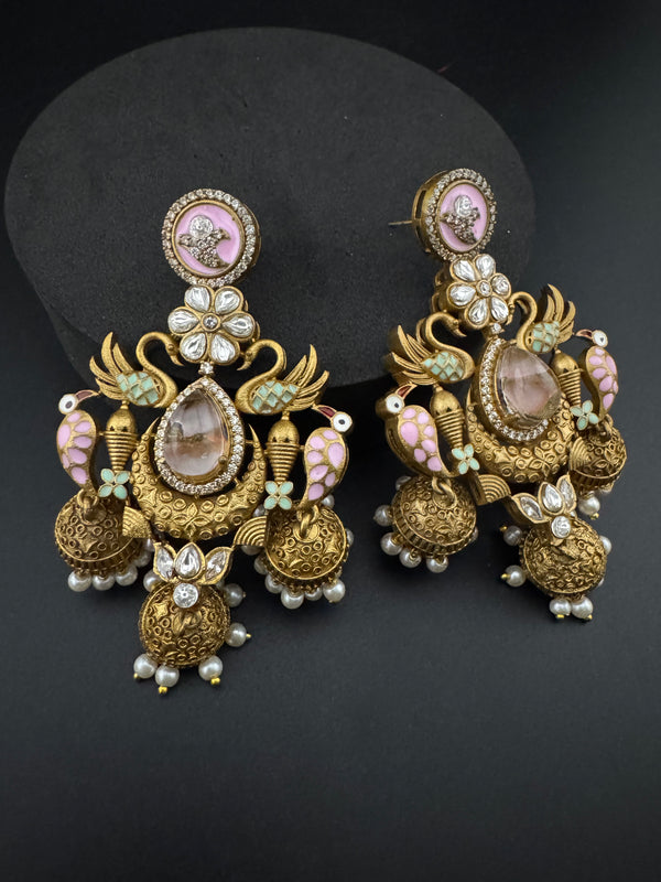 Amrapali inspired Matt Gold, Stone, Enamel, Pearl Oversized ChandBali Jhumka Earrings, designer jewelry