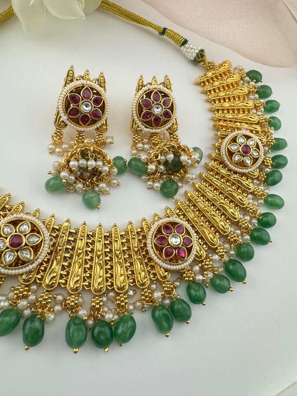 Rajwadi Gold necklace set with jhumka, in kundan and pearls, Indian Bridal Jewelry set