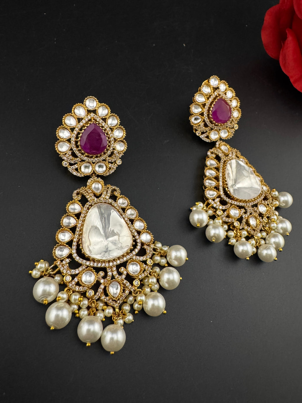 Purple and Gold Kundan, Pearls Chandelier Long Earrings, Bridal, Moissanite, CZ, Designer jewelry