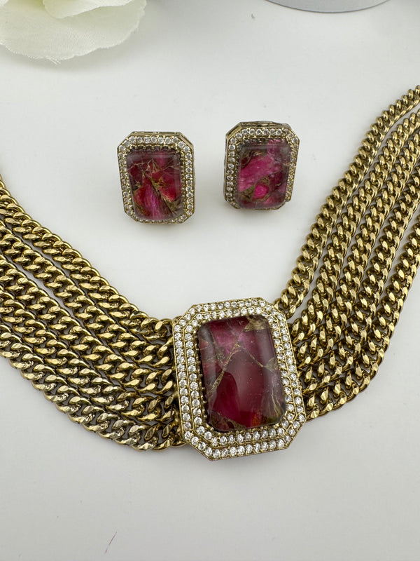 CZ, Mystic doublet stone, Antique gold tone Curb Link chain Choker necklace set with earrings