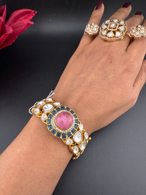 Doublet, Moissanite Kundan, Stones, CZ Openable Bracelet Bangle, Gold Polish (Fits 2.6" wrists)