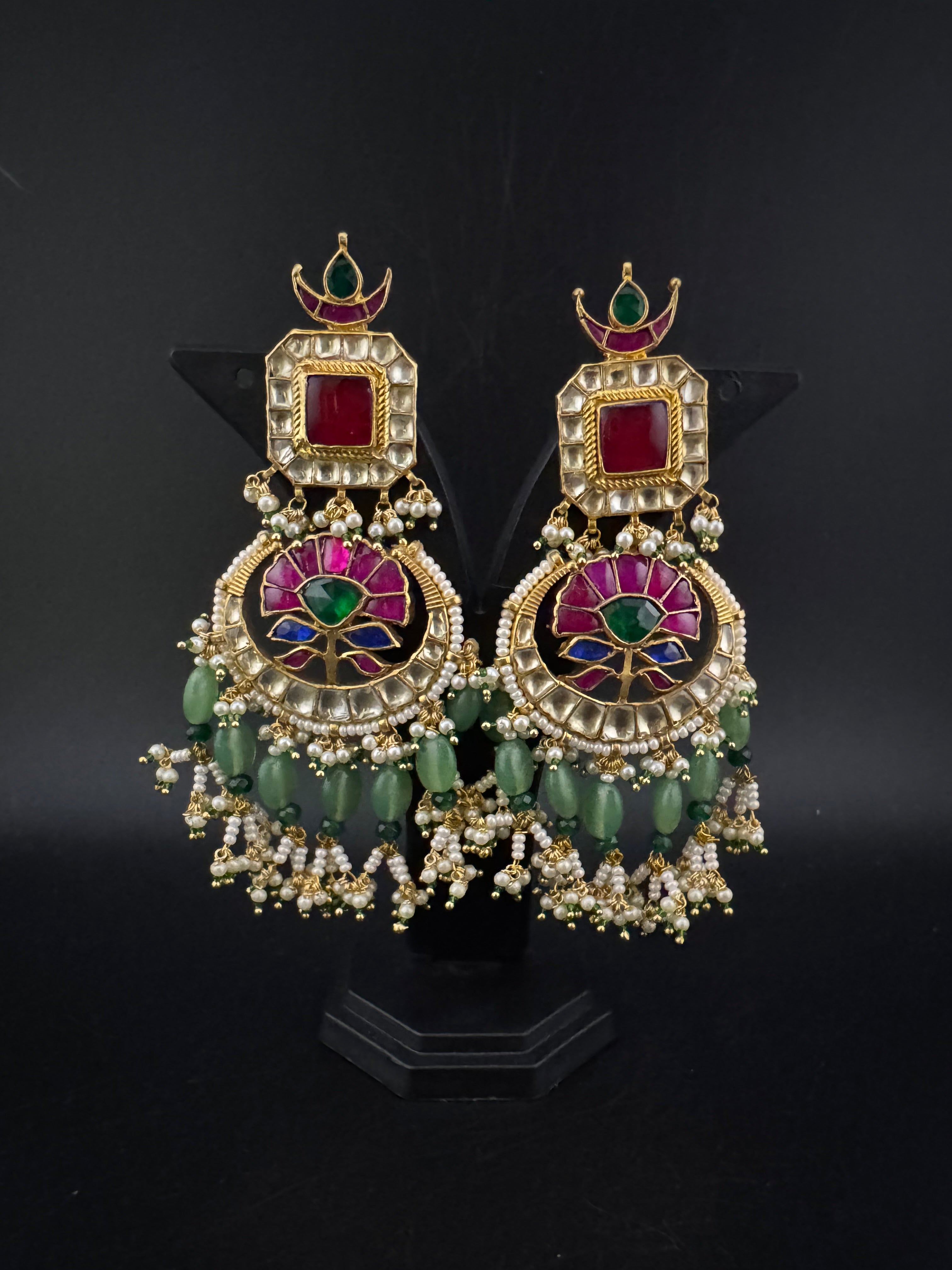 Multicolor pacchi Kundan stones Pearls Oversized Chandelier Long Earrings, Bridal, Designer jewelry