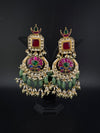 Multicolor pacchi Kundan stones Pearls Oversized Chandelier Long Earrings, Bridal, Designer jewelry