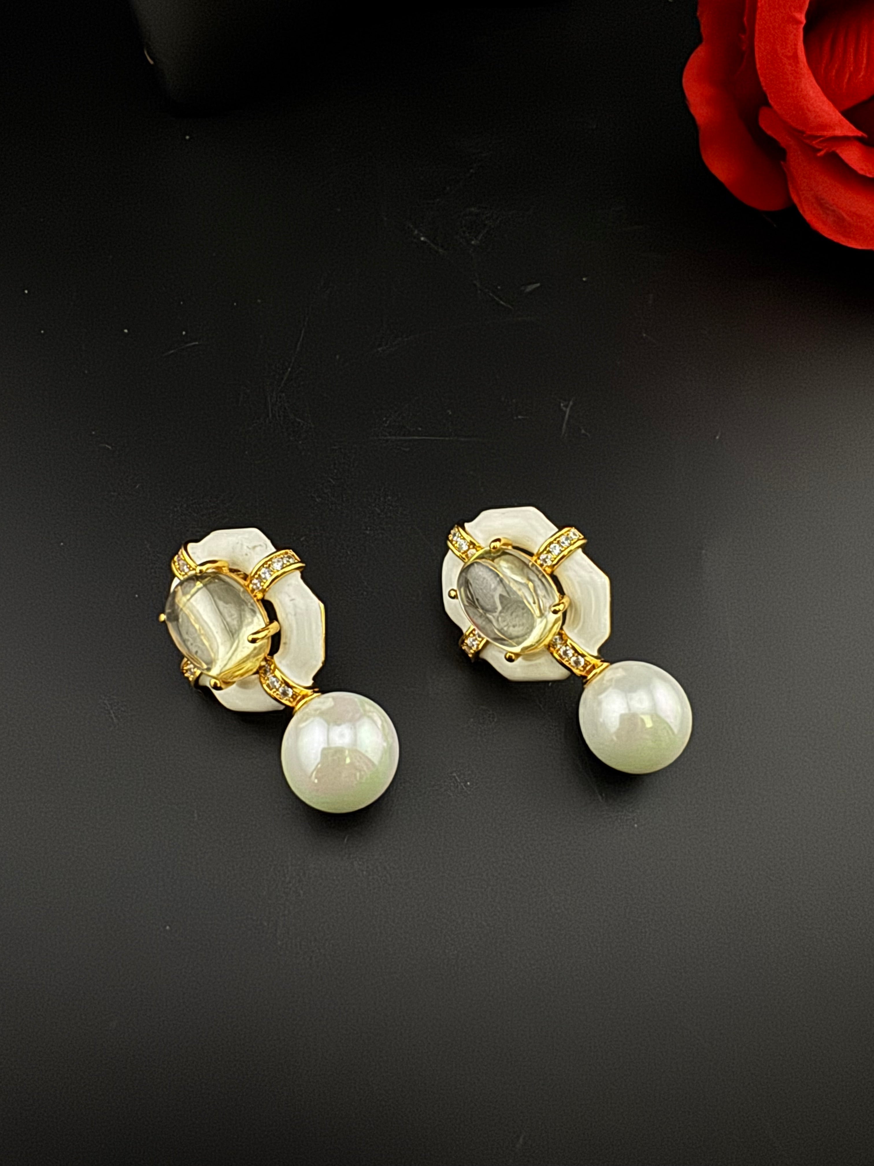 Designer inspired Enamel and Stone Pearls drop earrings, Statement jewelry, Indian Jewelry, Drop and Studs earrings, Bridesmaid Gift