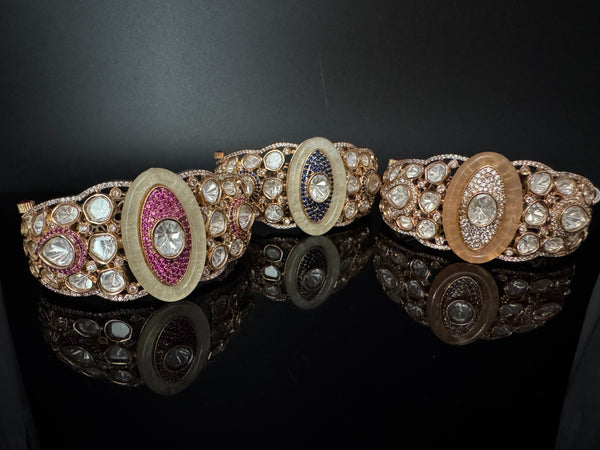 Moissanite Kundan, MOP, CZ Adjustable Bracelet Bangle, Gold Polish Designer Bangle