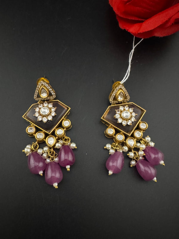 Gold Kundan, CZ, Stone, Pearls Chandelier Drop Earrings, Bridal Designer jewelry