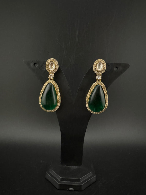Green and Gold Kundan, Stone Chandelier Drop Earrings, Bridal, Moissanite, CZ, Designer jewelry