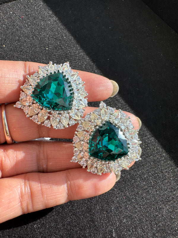 Silver Polish Crystal Stone Stud Earrings, Cubic Zirconia, AD, CZ, Indian Jewelry