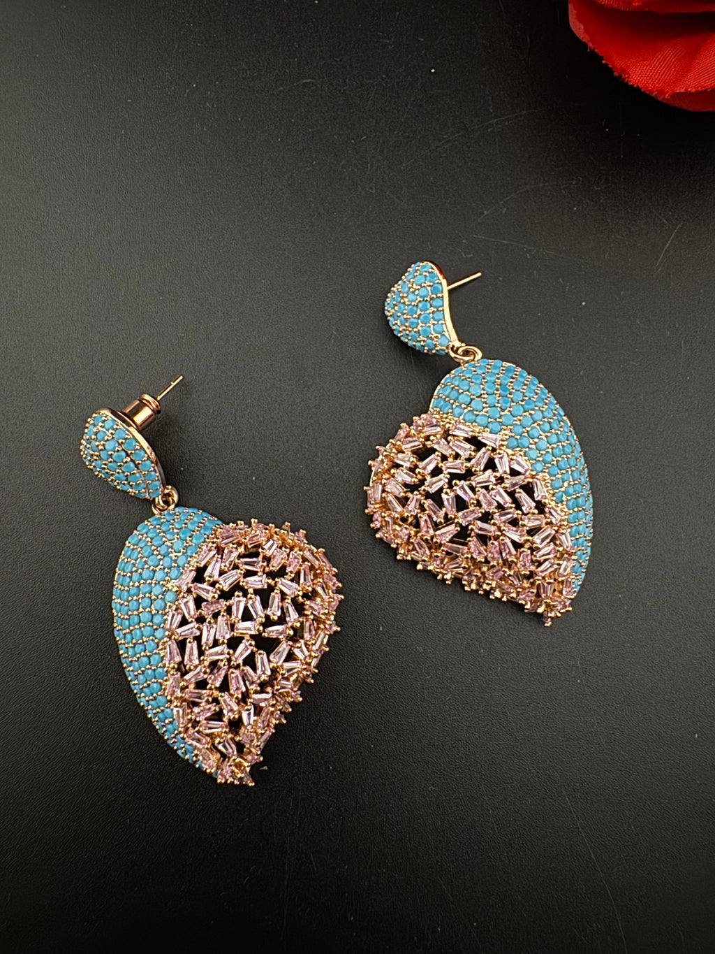 Premium Nano Setting Multicolor Cubic Zirconia, Crystal stones in Unique setting is designer Inspired Statement Heart shaped earrings