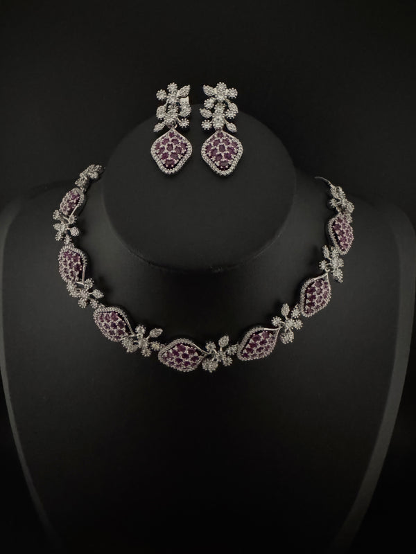 Nano Setting CZ Diamond Statement Ruby Necklace Set, White Gold Plated Choker, 3D nature inspired
