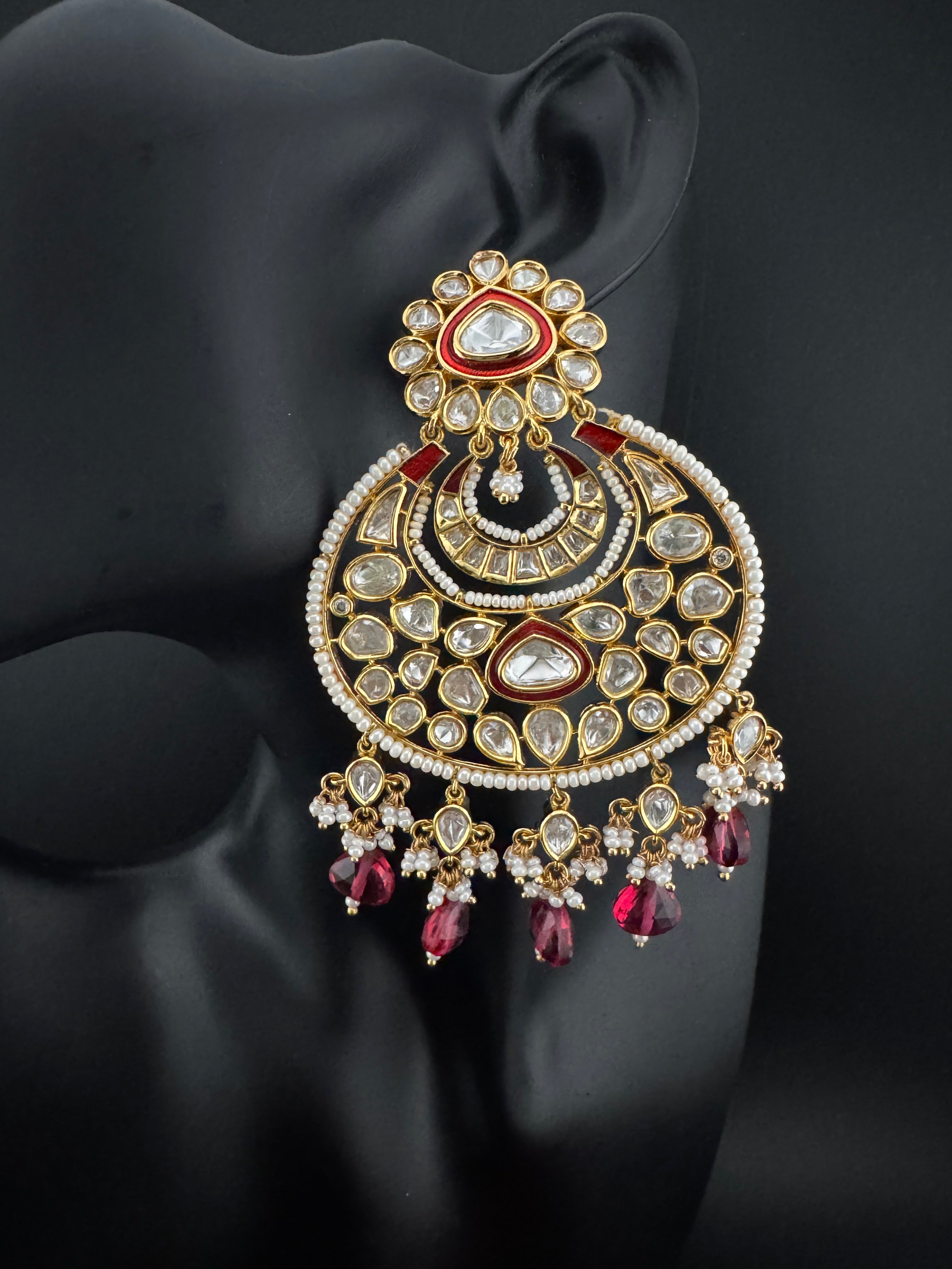Red and Gold Kundan Chandelier Earrinngs, High shine Bridal Moissanite CZ, Shiney Gold Designer