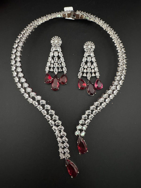 Crystals and CZ Diamond Statement front openable Hasli Necklace Set, Silver Plated Collar set
