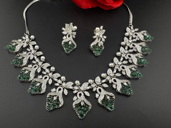 CZ Diamond Statement sleek Necklace Set, White Gold Plated Choker, 3D nature inspired
