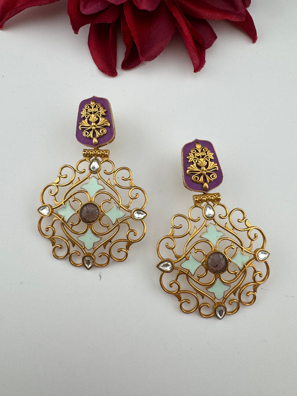 Antique Gold, Enamel, Stones Chandbali Dangle Earrings, Amrapali inspired Designer jewelry