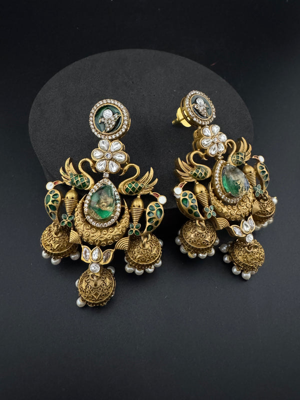 Amrapali inspired Matt Gold, Stone, Enamel, Pearl Oversized ChandBali Jhumka Earrings, designer jewelry