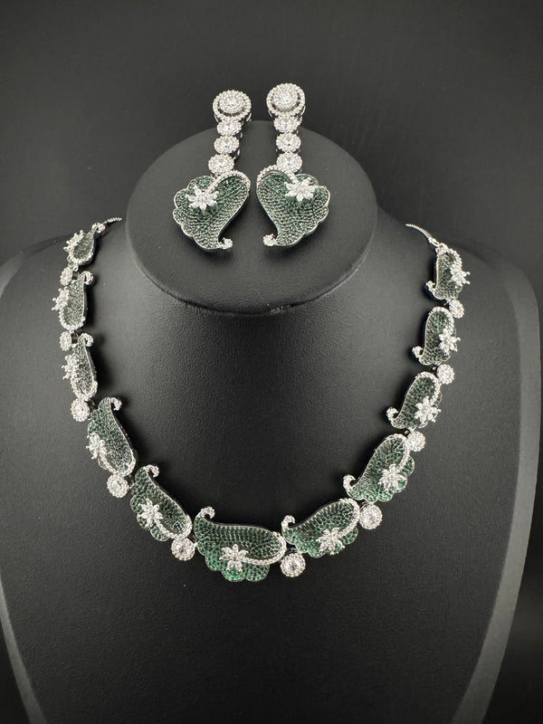 Nano Setting CZ Diamond Statement Green Necklace Set, White Gold Plated Choker, nature inspired