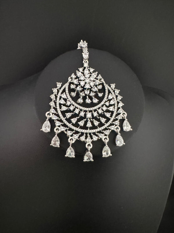 Silver Cubic Zirconia/Diamond Tikka, Indian Maang Tikka, Headpiece, Bridal jewelry