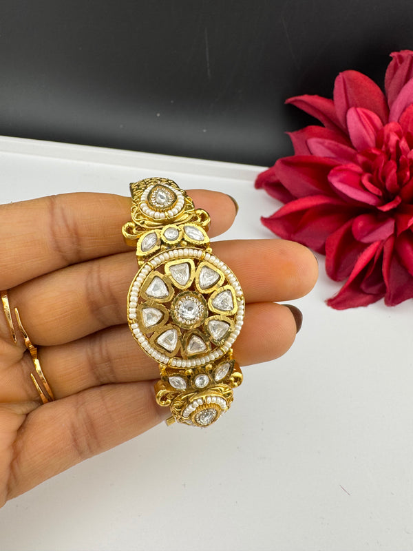 Moissanite Kundan, Pearl, CZ Designer Bracelet Bangle, Matt Gold Polish (Fits upto 2.6" Wrist)