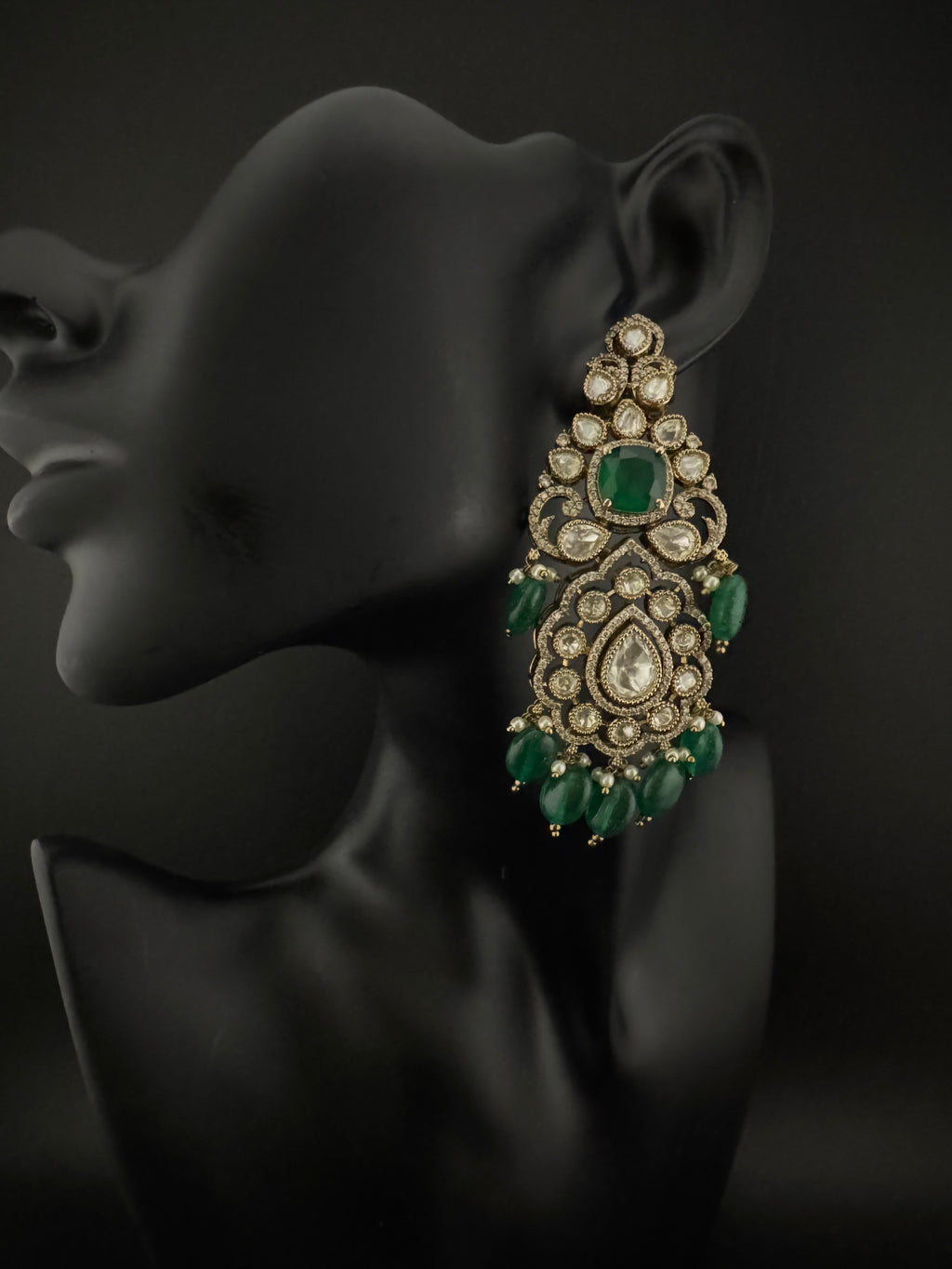 Green and Gold Kundan, Pearls Chandelier Long Earrings, Bridal, Moissanite, CZ, Designer jewelry
