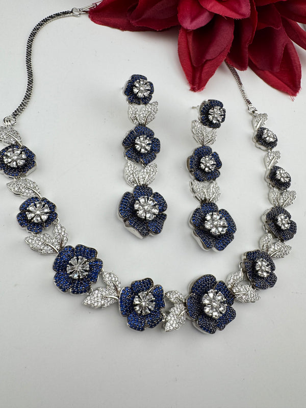 Nano Setting CZ Diamond Statement Necklace Set, White Gold Plated Choker set, nature inspired