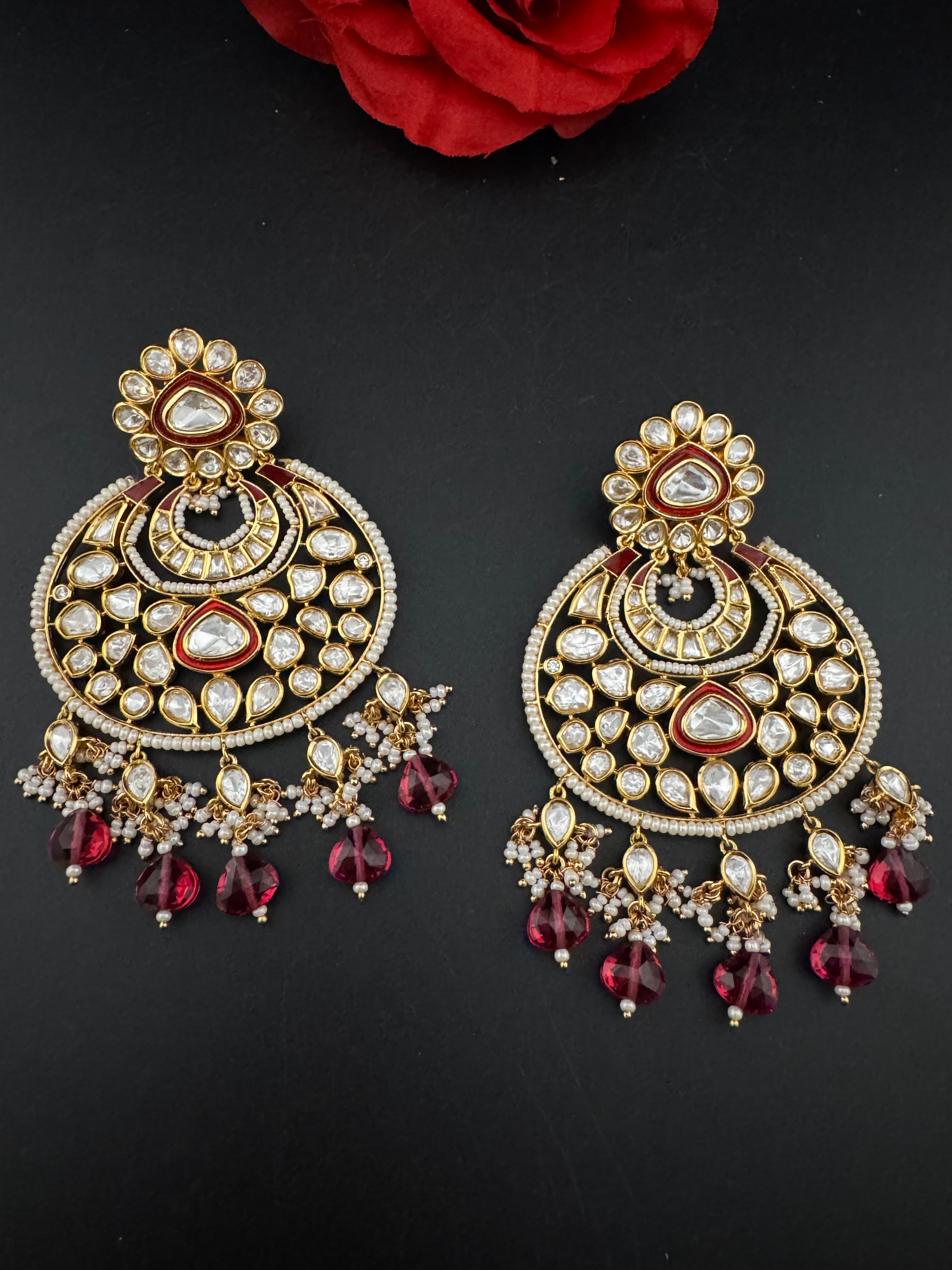 Red and Gold Kundan Chandelier Earrinngs, High shine Bridal Moissanite CZ, Shiney Gold Designer