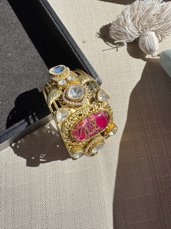 Amarapali inspired Moissanite Kundan, CZ, Stone Cuff Bracelet Bangle, Gold Polish (Fits 2.6" wrists)