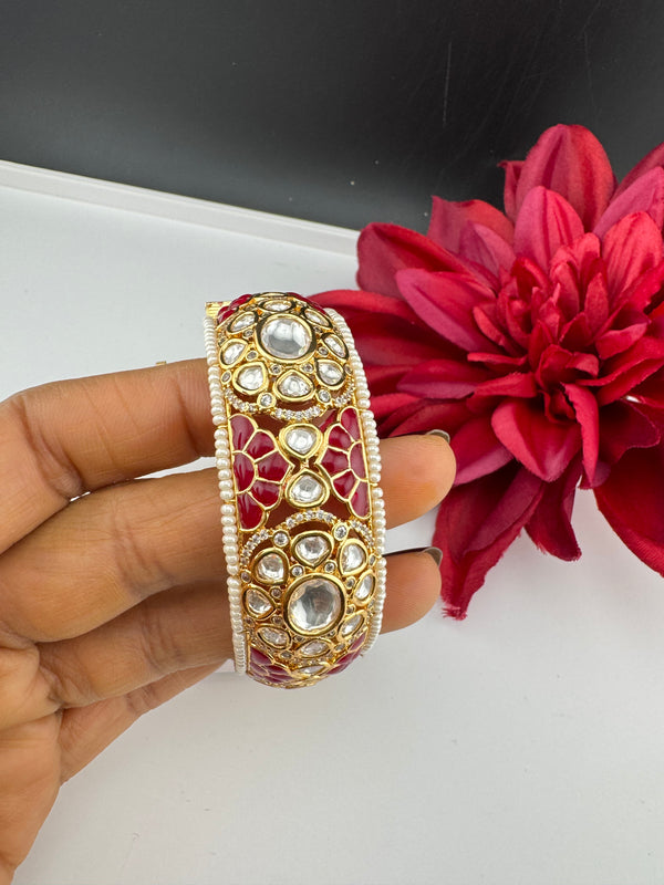 Pchhi Kundan, Moissanite Kundan, CZ Openable Broad Bracelet Bangle, Gold Polish (Fits 2.6" wrists)
