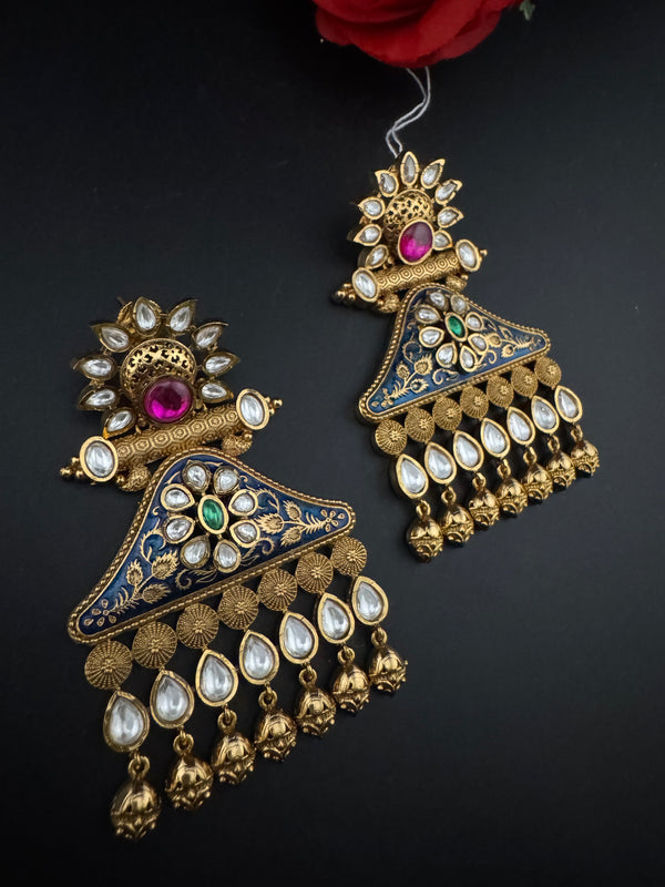 Amrapali inspired Matt Gold, kundan, Enamel, Oversized ChandBali long Earrings, designer jewelry
