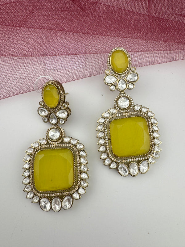 Gold with Yellow Doublet stone, kundan, cubic zirconia chandbali Drop earrings, Indian Jewelry