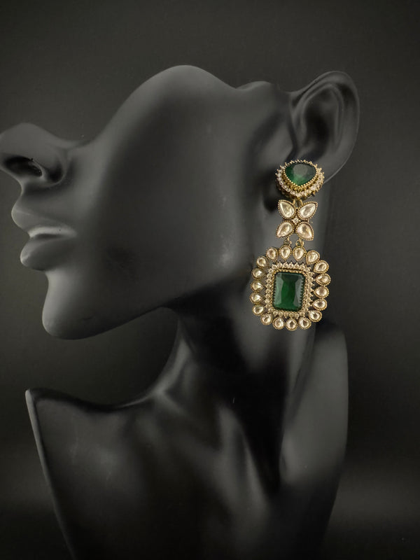 Green and Gold Kundan, Stone Chandelier Drop Earrings, Bridal, Moissanite, CZ, Designer jewelry