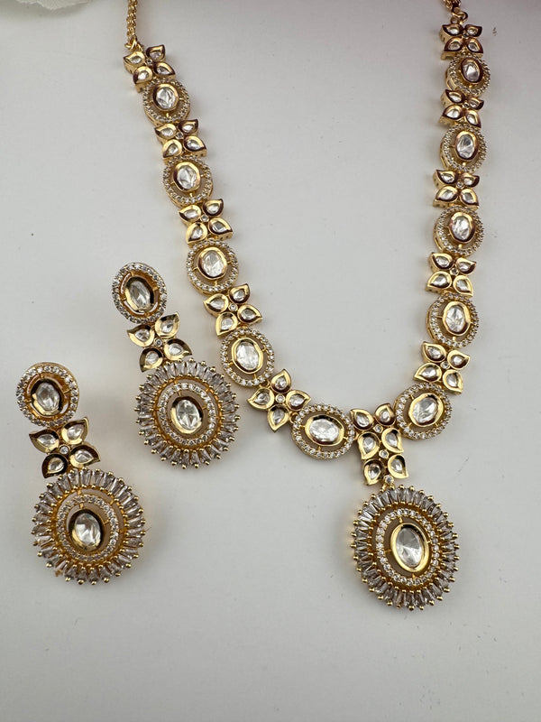Cubic Zirconia, Kundan, Long Gold Necklace Set, Indian Bridal Rani Haar