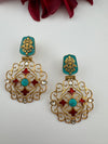 Antique Gold, Enamel, Stones Chandbali Dangle Earrings, Amrapali inspired Designer jewelry