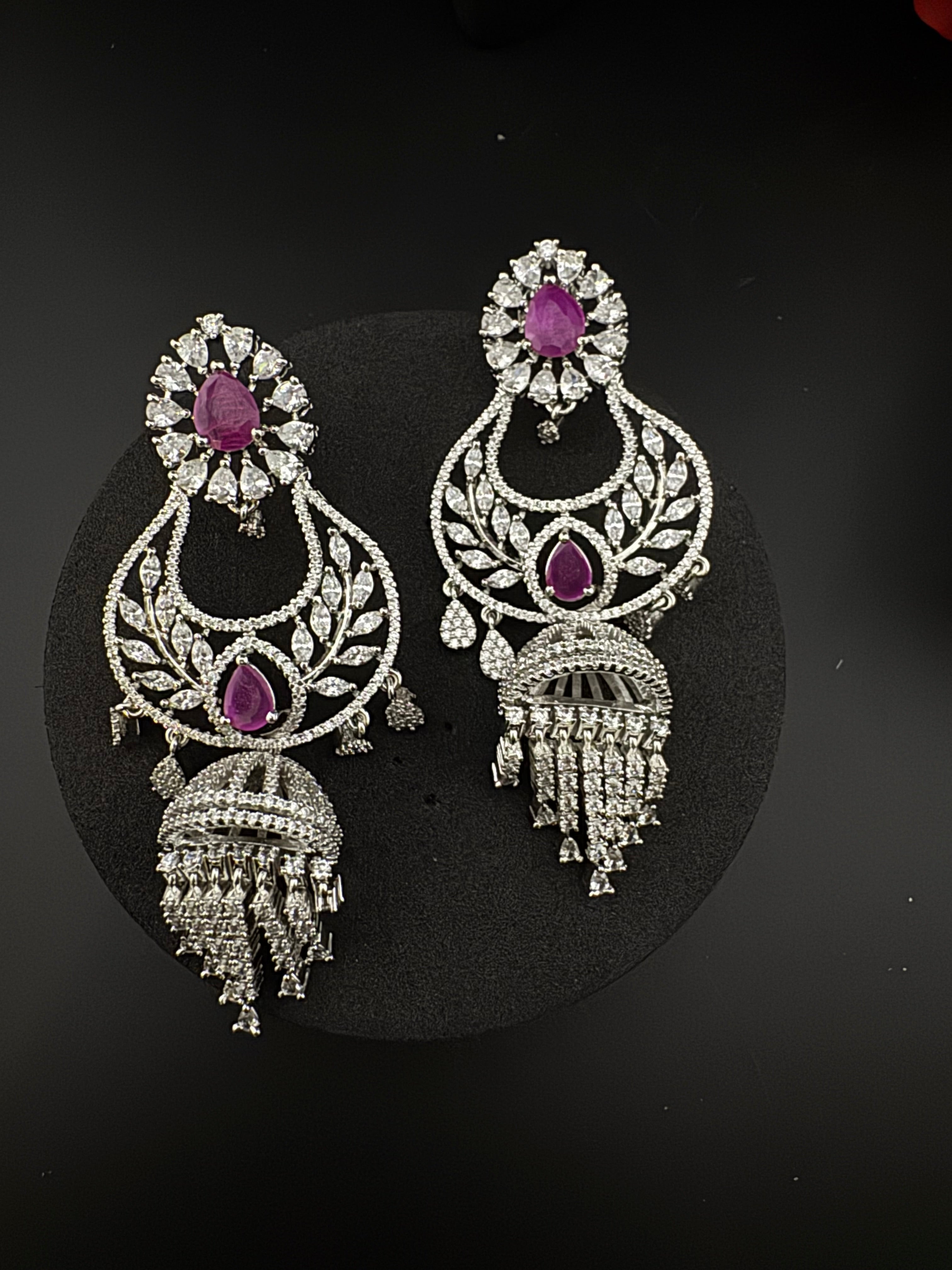 Premium Cubic Zirconia Chandbali humka earrings is designer Inspired, Statement Long earring, Bridal, Party, Wedding jewelry, chic, Indian