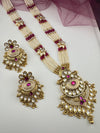 Rajwadi Kundan Enamel Pearls Long Gold Necklace Set, Indian Bridal Rani Haar