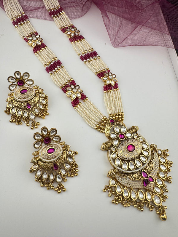 Rajwadi Kundan Enamel Pearls Long Gold Necklace Set, Indian Bridal Rani Haar
