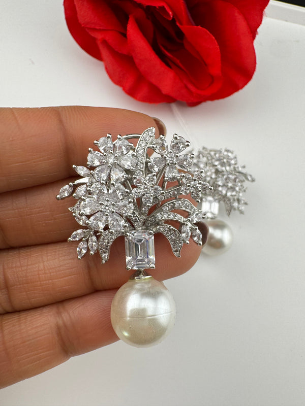 Cubic Zirconia, Diamond, pearls, Step cut crystal Dangle Drop earrings, Indian Jewelry
