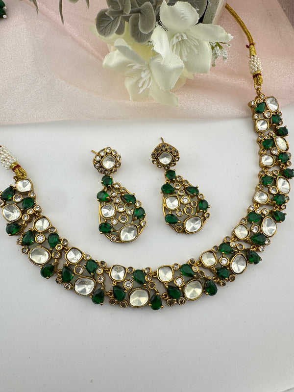 Stones, CZ, Kundan Gold necklace set, Indian Bridal Jewelry set