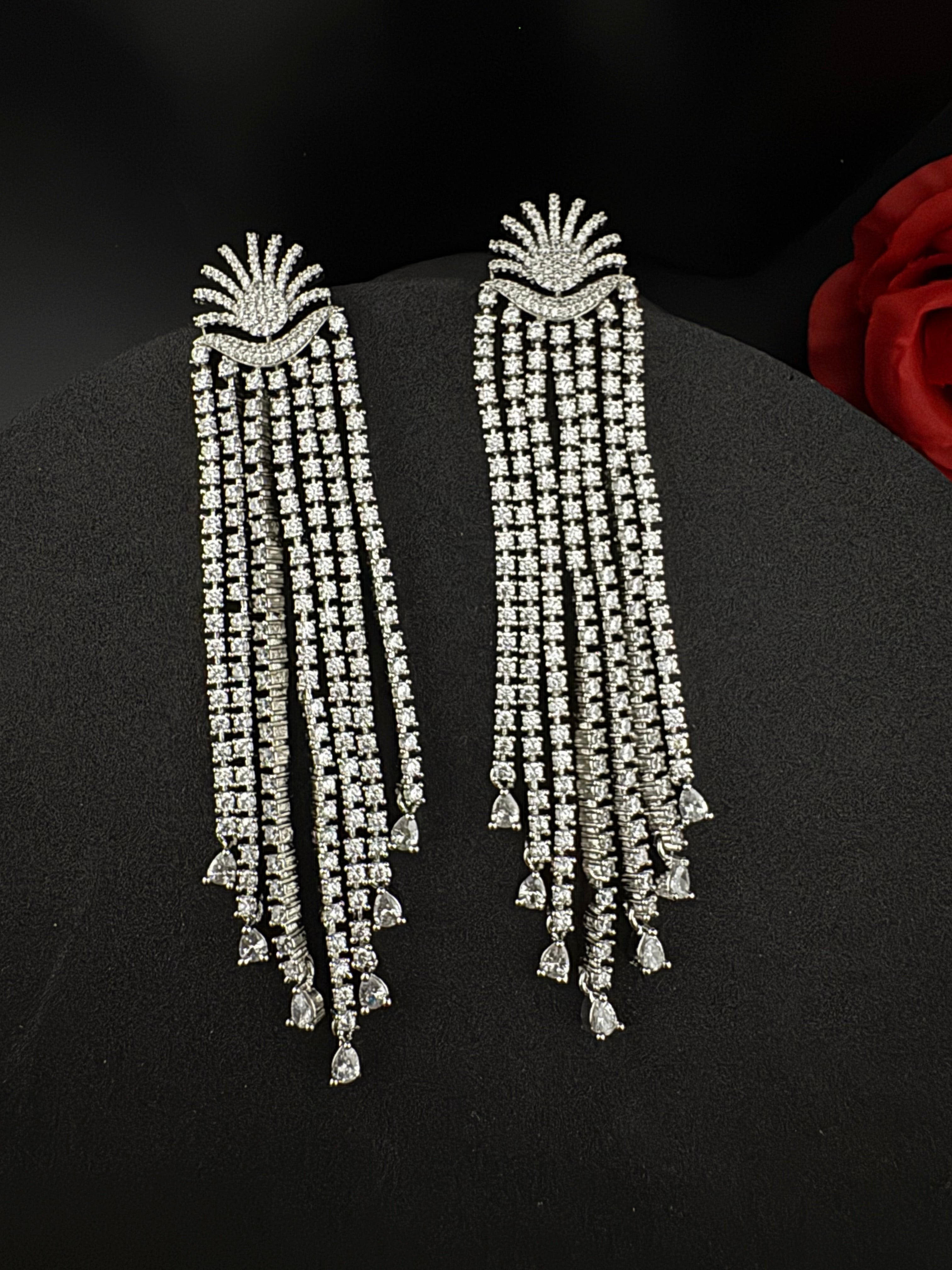 Premium Cubic Zirconia Chandelier extra long earrings, sun style long CZ tassel, Statement Long earring, Bridal, Party, Wedding jewelry