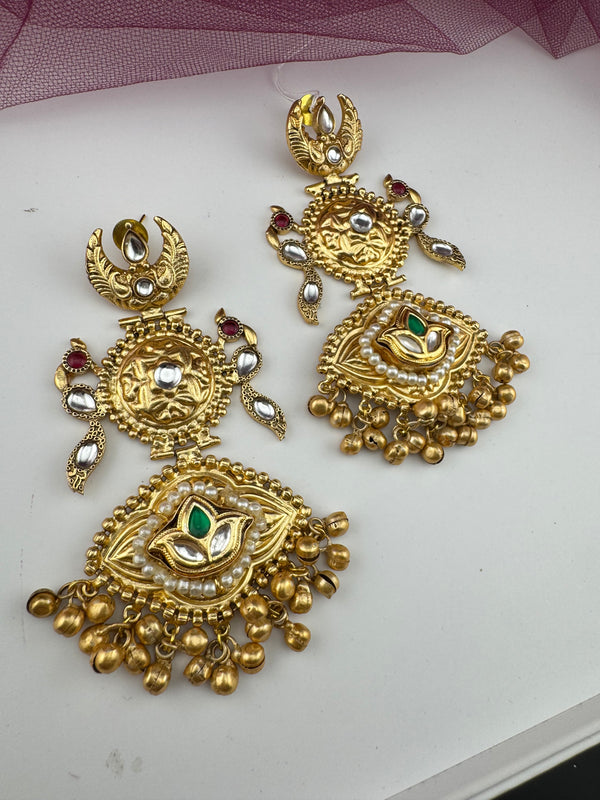 Kashmiri style, brass, stone and pearls chandbali oversized earrings, Indian Jewelry