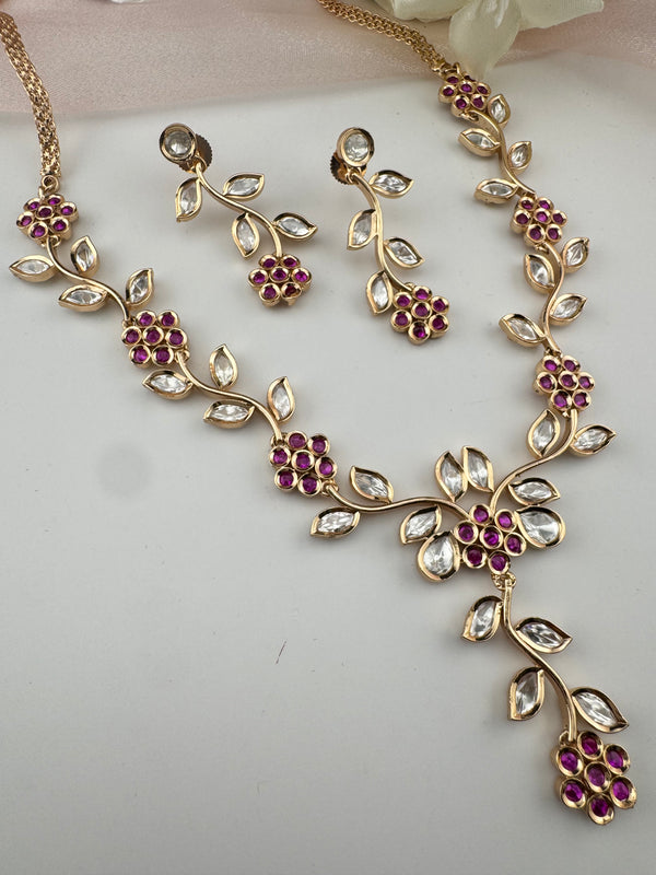Kundan, Moissanite, stone Sleek Gold flower long necklace set, Indian Bridal Jewelry