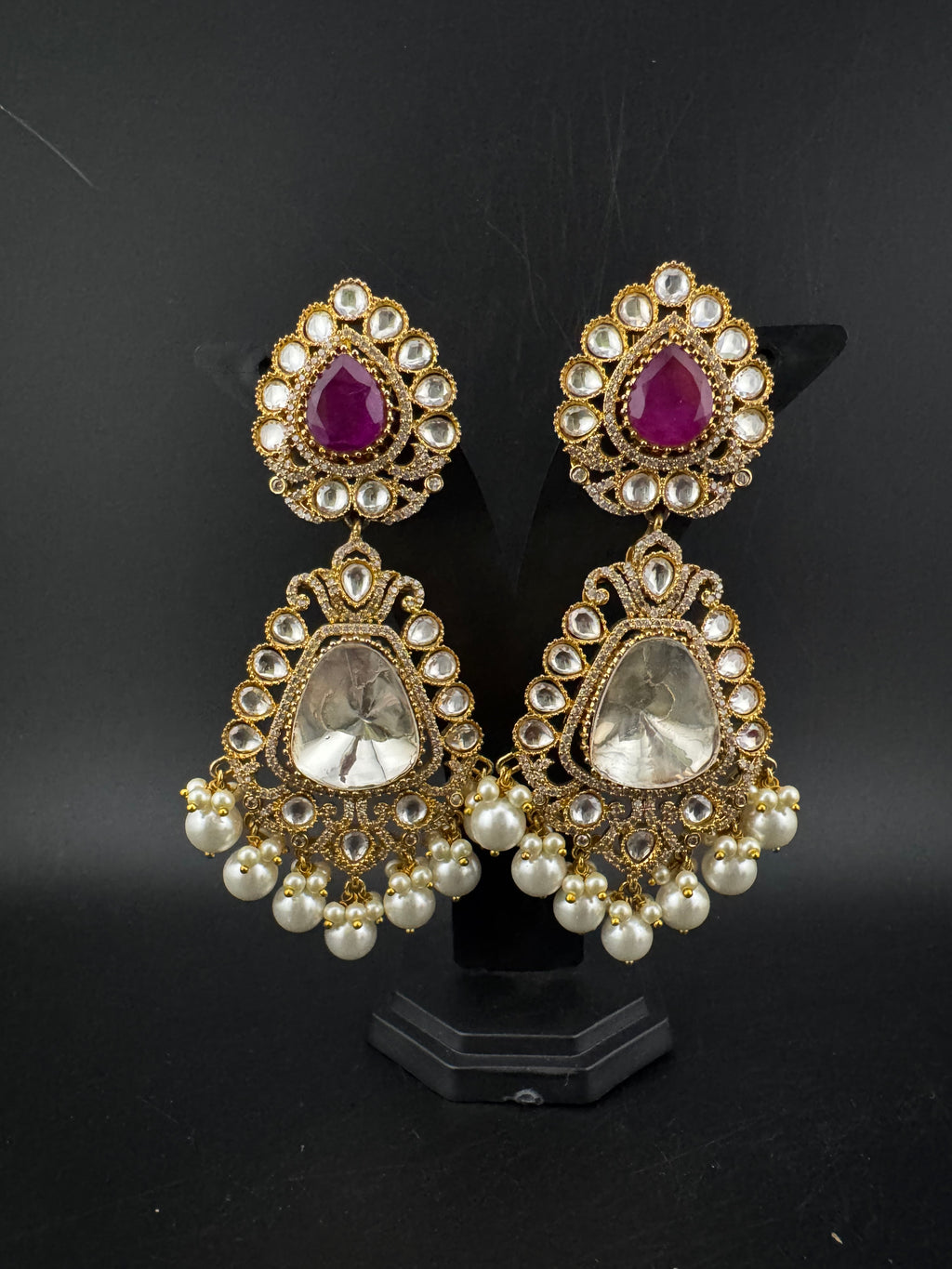 Purple and Gold Kundan, Pearls Chandelier Long Earrings, Bridal, Moissanite, CZ, Designer jewelry