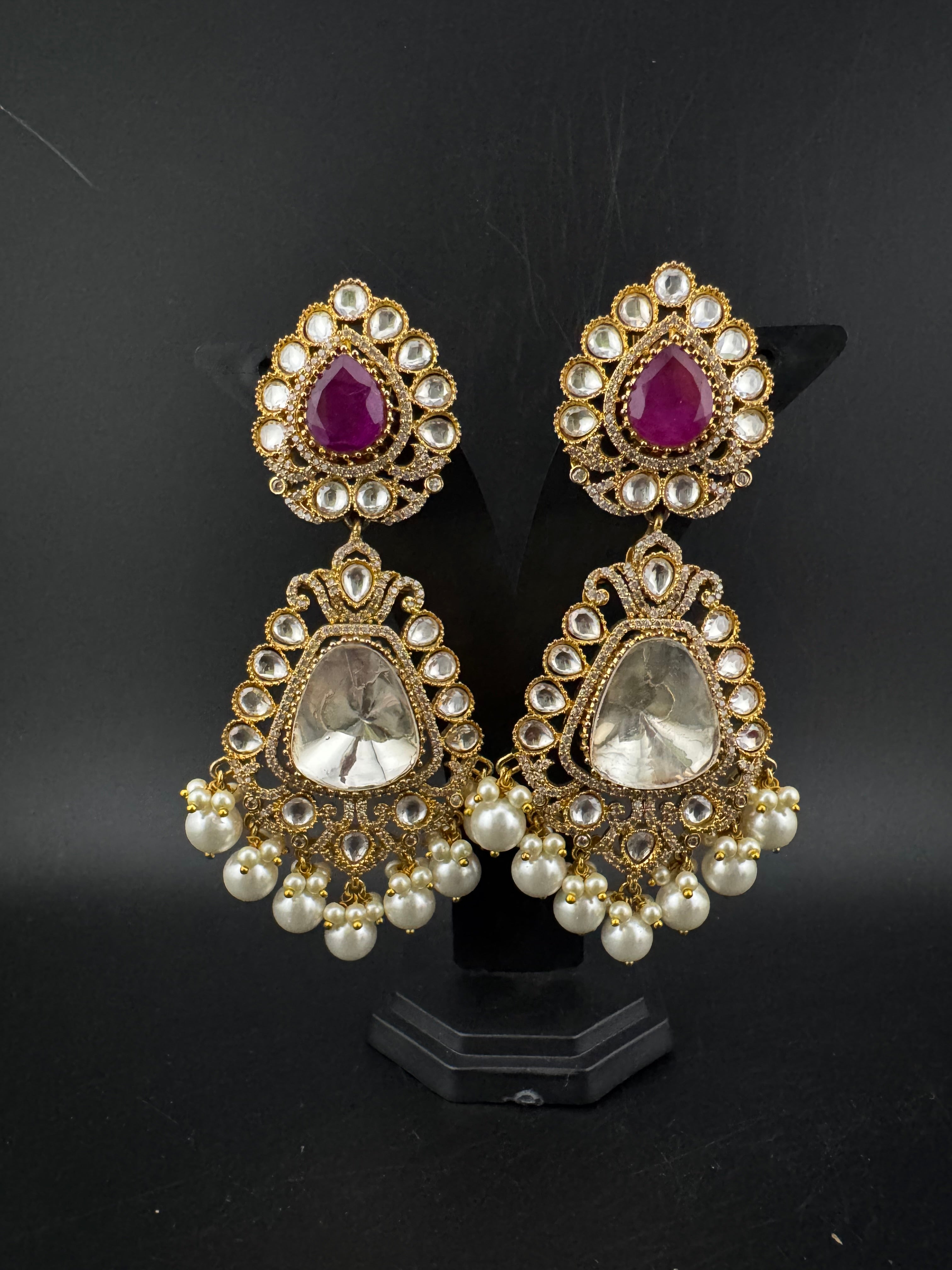 Purple and Gold Kundan, Pearls Chandelier Long Earrings, Bridal, Moissanite, CZ, Designer jewelry